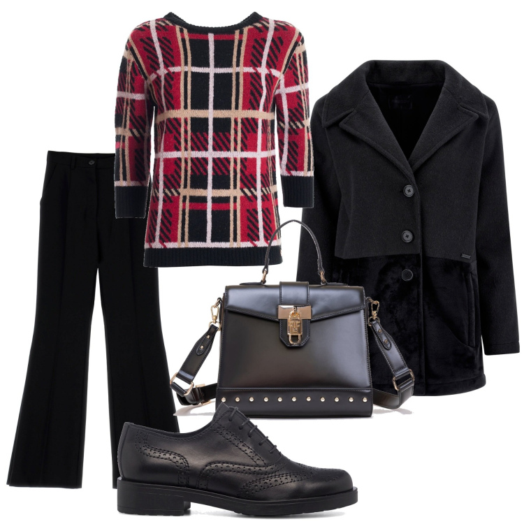 Outfit donna - Urban a quadri. Stile Preppy per Ufficio. Abbinamento con borse tote, maglieria, pantaloni, cappotti, scarpe stringate.