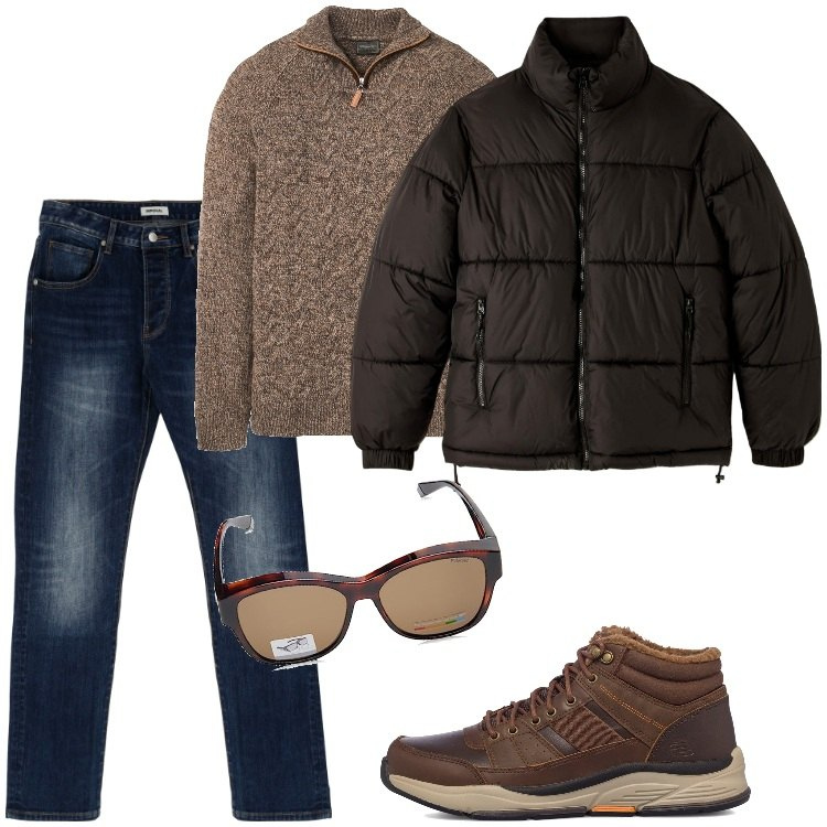 Outfit uomo - Polaroid - Novembre. Stile Trendy per Tutti i giorni. Abbinamento con maglieria, piumini, jeans dritti, anfibi, occhiali da sole.