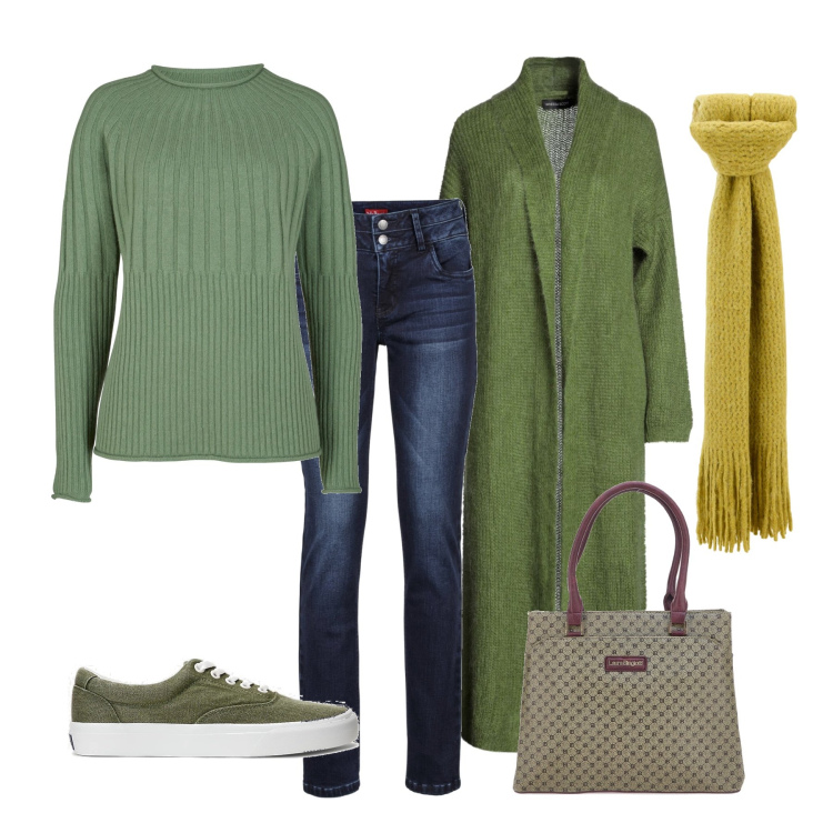 Outfit donna - In verde - il cardigan lungo. Stile Casual per Tutti i giorni. Abbinamento con jeans, maglieria, cardigans, sneakers, sciarpe, borse a mano.