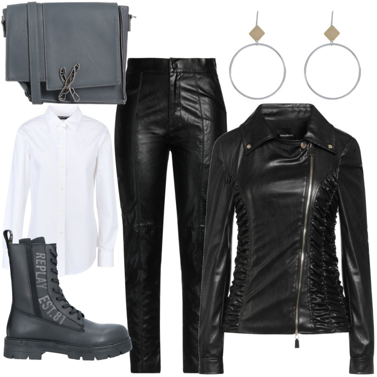 Outfit donna - Completo in pelle. Stile Mannish per Tutti i giorni. Abbinamento con anfibi, cappotti, pantaloni, camicie, borse a tracolla, orecchini.