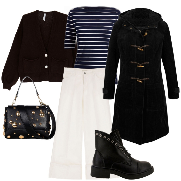 Outfit donna - La borsa con le borchie. Stile Rock per Tutti i giorni. Abbinamento con montgomery, borse a spalla, stivaletti, cardigans, pantaloni a palazzo, maglieria.
