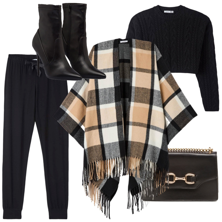 Outfit donna - Per spezzare il nero. Stile Casual chic per Tutti i giorni. Abbinamento con pantaloni, maglieria, cappe, stivaletti, borse a tracolla.