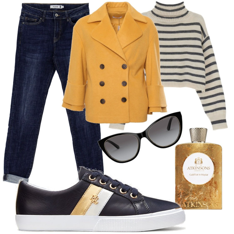 Outfit donna - Giacca gialla. Stile Casual per Tutti i giorni. Abbinamento con profumi, jeans slim fit, cappotti, maglieria, occhiali da sole, sneakers.