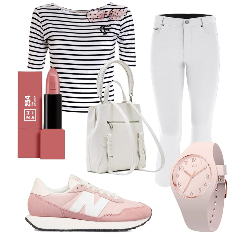 Outfit donna - Pink. Stile Casual per Tutti i giorni. Abbinamento con rossetti, t-shirt, pantaloni capri, sneakers, orologi, costumi.