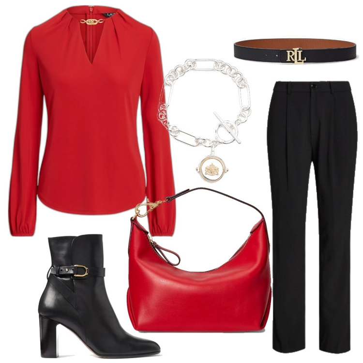 Outfit donna - Maglia in jersey Ralph Lauren. Stile Casual per Tutti i giorni. Abbinamento con cinture, maglieria, braccialetti, pantaloni, stivaletti, borse a spalla.