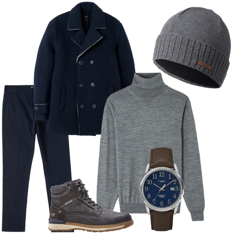Outfit uomo - Giacca pesante e dolcevita. Stile Trendy Abbinamento con maglieria, pantaloni chino, giacche, orologi, berretti, stivali e stivaletti.