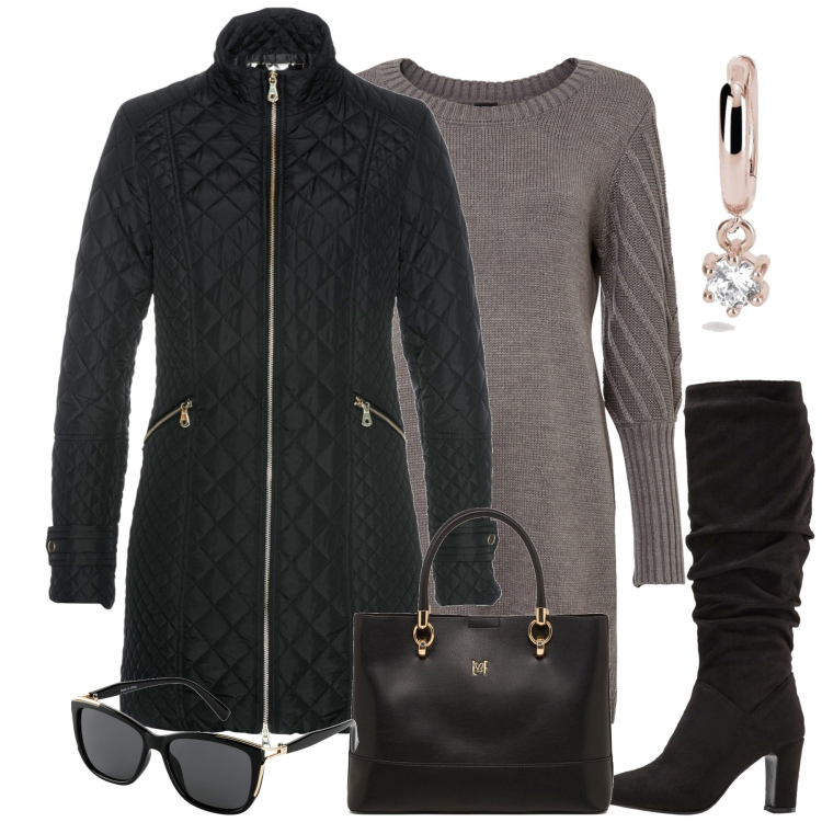 Outfit donna - In città. Stile Casual chic per Tutti i giorni. Abbinamento con blazer, vestiti, stivali sopra il ginocchio, occhiali da sole, orecchini, borse a mano.