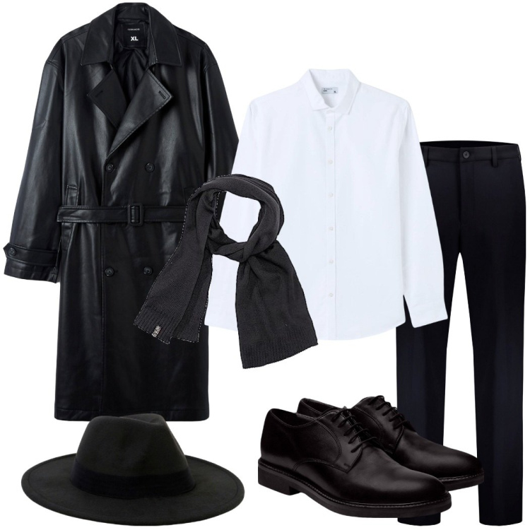 Outfit uomo - Modello classico reso originale. Stile Trendy per Serata speciale. Abbinamento con cappelli, scarpe stringate, pantaloni, trench, camicie, sciarpe.