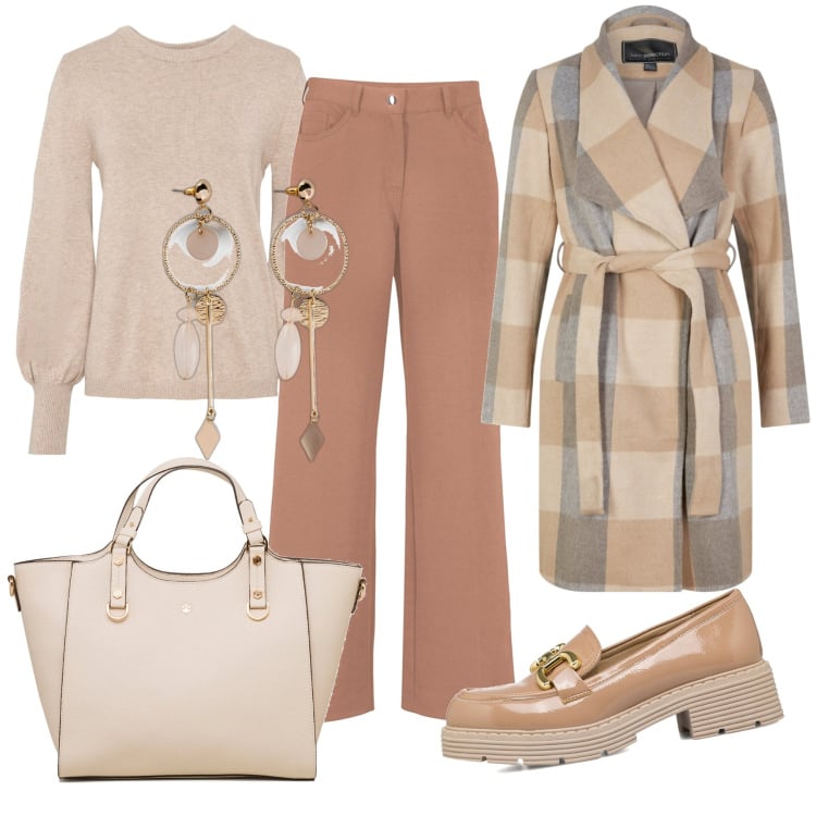 Outfit donna - Il cappotto a quadri. Stile Trendy per Scuola/Università. Abbinamento con maglieria, orecchini, pantaloni, cappotti, mocassini, borse a mano.