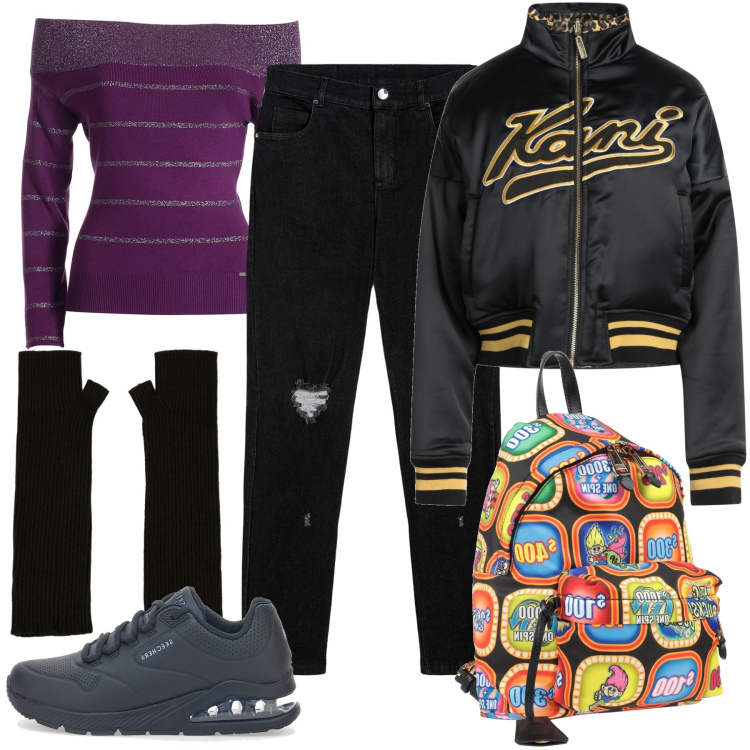 Outfit donna - Guanti lunghi a metà. Stile Urban per Scuola/Università. Abbinamento con zaini, giacche, maglieria, guanti, jeans skinny, sneakers.