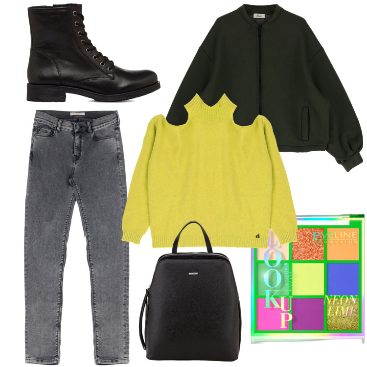 Outfit donna - Neon Lime. Stile Basic per Tutti i giorni. Abbinamento con ombretti, jeans slim fit, zaini, maglieria, cappotti, anfibi.