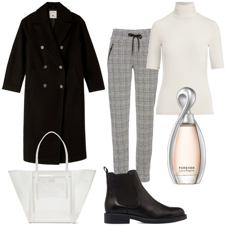 Outfit donna - Il cappotto lungo doppiopetto. Stile Casual chic per Tutti i giorni. Abbinamento con pantaloni, profumi, cappotti, stivaletti, maglieria, borse tote.