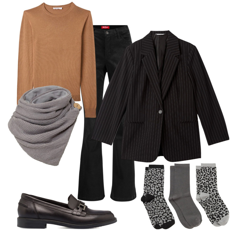 Outfit donna - Socks & loafers. Stile Casual chic per Tutti i giorni. Abbinamento con foulard, pantaloni, maglieria, calzini, blazer, mocassini.