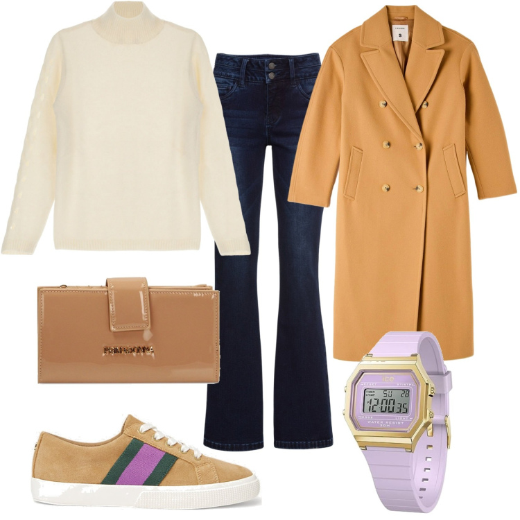 Outfit donna - Total look #1768280. Stile Casual per Tutti i giorni. Abbinamento con jeans bootcut, cappotti, maglieria, portafogli, sneakers, orologi.