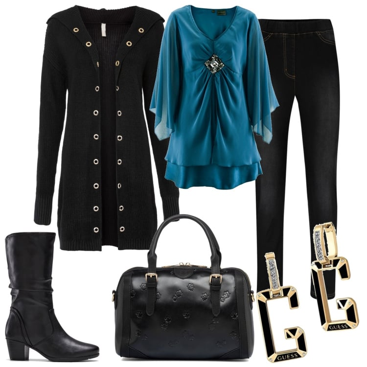 Outfit donna - Invitata ad una serata fuori. Stile Glamour per Serata fuori. Abbinamento con cardigans, jeggings, stivali, tuniche, borse a mano, orecchini.