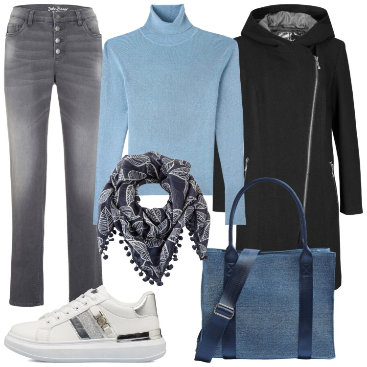 Outfit donna - Celeste e grigio. Stile Casual per Tutti i giorni. Abbinamento con blazer, jeans boyfriend, foulard, maglieria, shopping bag, sneakers alte.