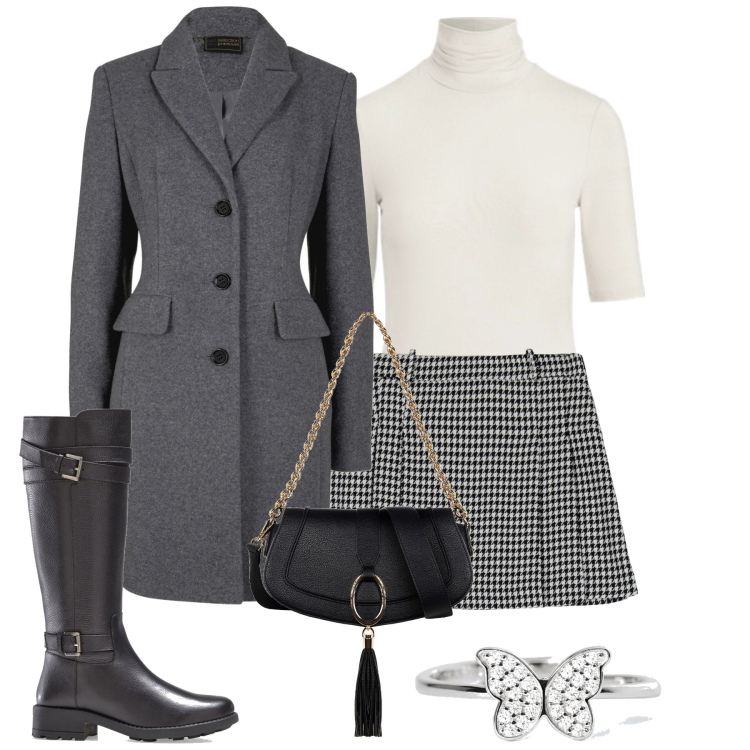 Outfit donna - La gonna corta. Stile Basic per Tutti i giorni. Abbinamento con cappotti, stivali, anelli, gonne, borse a spalla, maglieria.