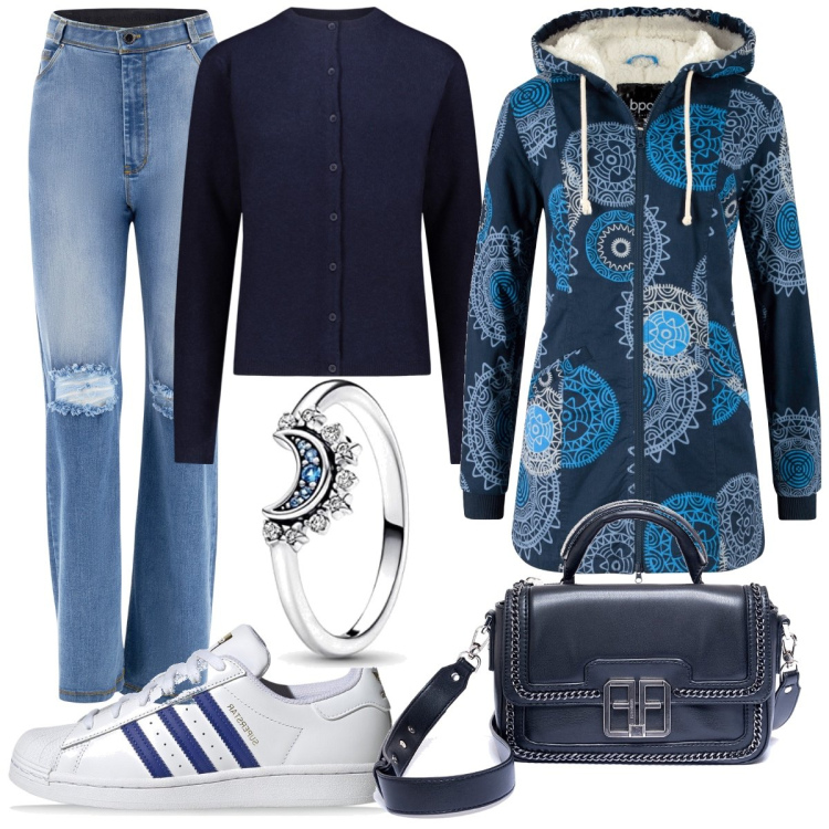 Outfit donna - Luna Blue. Stile Casual per Tutti i giorni. Abbinamento con parka, borse a spalla, jeans strappati, cardigans, anelli, sneakers.