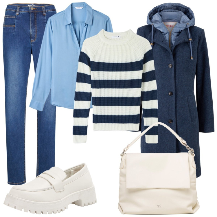 Outfit donna - Total look #1768342. Stile Casual per Tutti i giorni. Abbinamento con cappotti, jeans mom, maglieria, camicie, mocassini, borse a spalla.