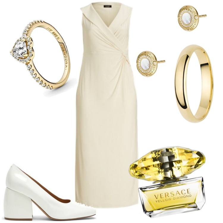 Outfit donna - In sposa con fede e anello di fidanzamen. Stile Chic per Cerimonia. Abbinamento con profumi, vestiti lunghi, anelli, décolleté, orecchini, anelli.
