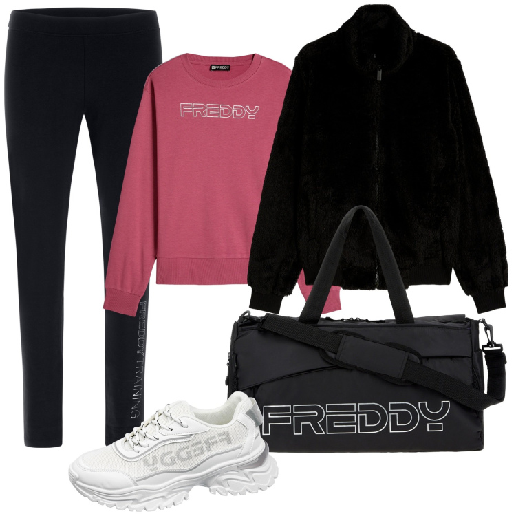 Outfit donna - Total Freddy. Stile Sporty chic per Sport. Abbinamento con borse sportive, leggings, sneakers, felpe, cappotti.