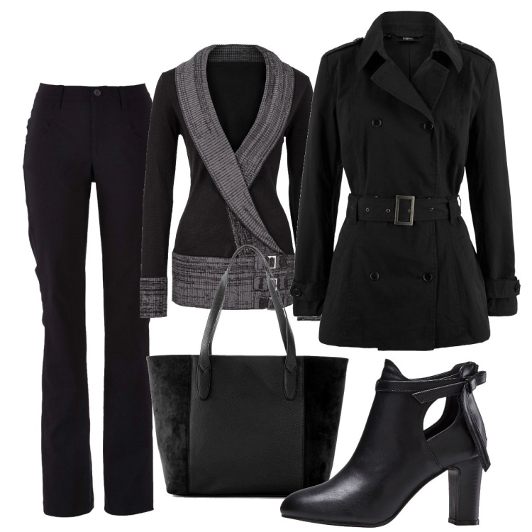 Outfit donna - Total look #1768418. Stile Casual chic per Ufficio. Abbinamento con pantaloni, shopping bag, maglieria, stivaletti, trench.
