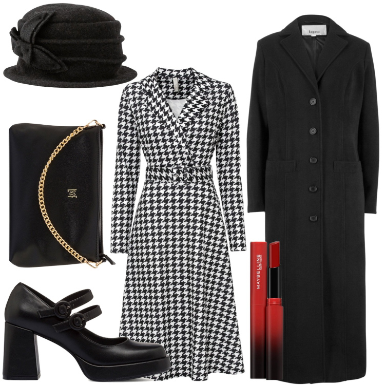 Outfit donna - Vintage bon ton. Stile Bon Ton per Serata fuori. Abbinamento con cappotti, vestiti, cappelli, rossetti, décolleté, borse a tracolla.