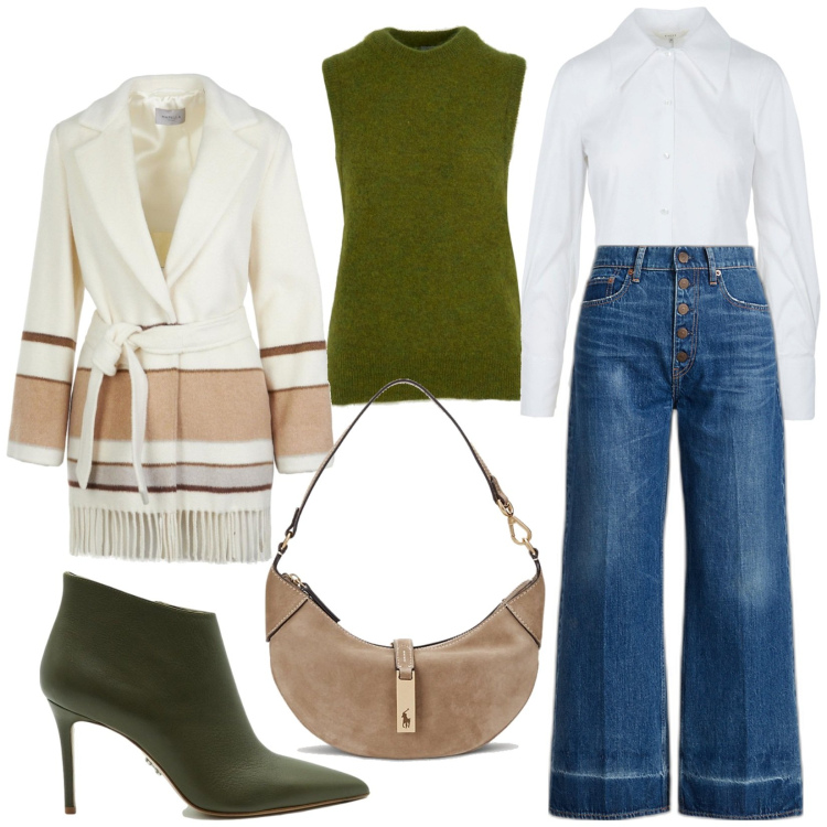 Outfit donna - Casual etnic chic. Stile Etnico per Tutti i giorni. Abbinamento con borse a spalla, jeans, cappotti, stivaletti, gilet, camicie.