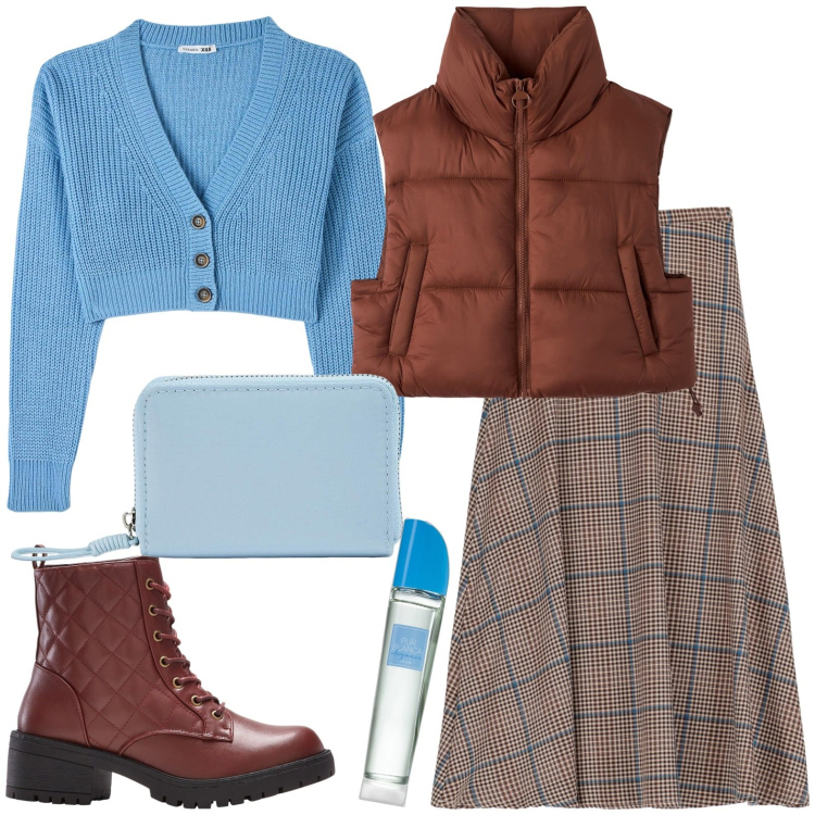 Outfit donna - Sportiva. Stile Casual per Tutti i giorni. Abbinamento con stivaletti, profumi, cardigans, portafogli, piumini, gonne longuette.