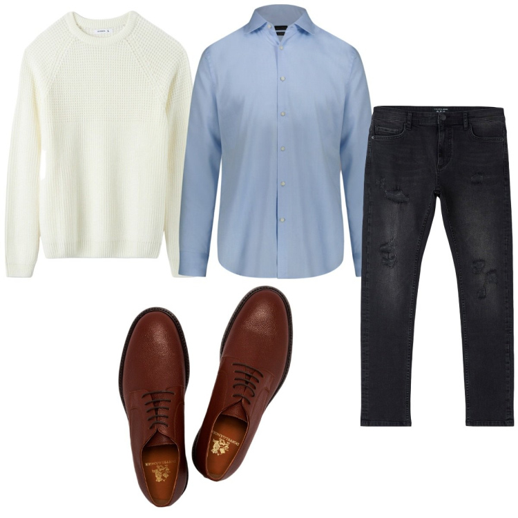 Outfit uomo - Total look #1768462. Stile Casual per Tutti i giorni. Abbinamento con jeans strappati, maglieria, scarpe stringate, camicie.