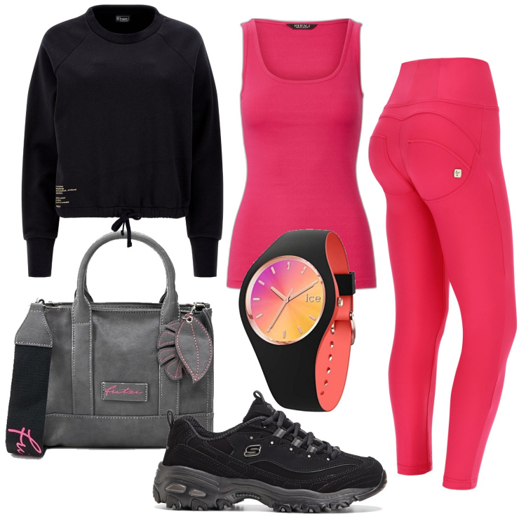 Outfit donna - Total look #1768463. Stile Casual per Sport. Abbinamento con sneakers, pantaloni skinny, felpe, canottiere, ciondoli, orologi.