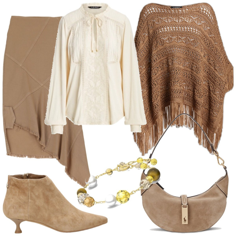 Outfit donna - Morbido etnico chic. Stile Casual chic per Serata fuori. Abbinamento con borse a spalla, bluse, cappotti, stivaletti, gonne longuette, braccialetti.