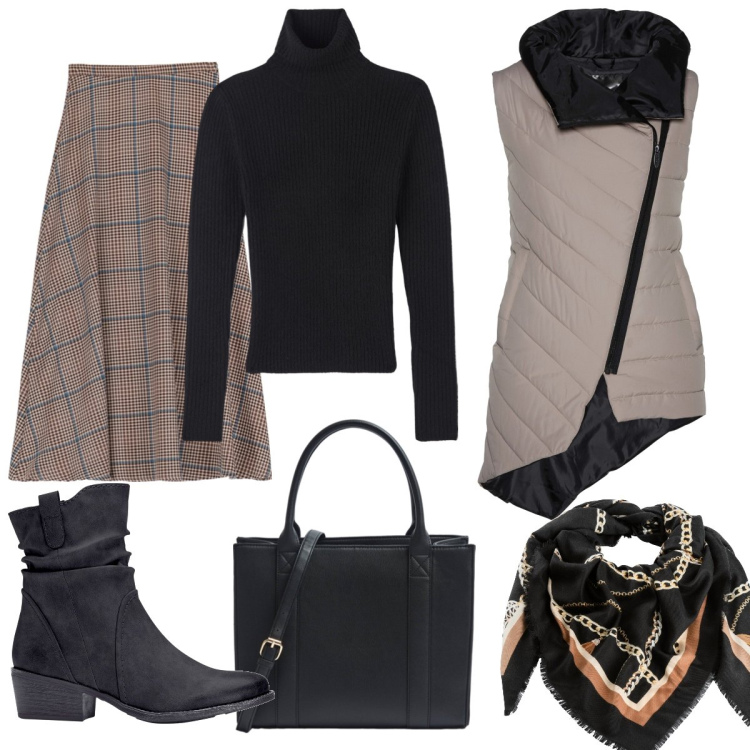 Outfit donna - Il gilet asimmetrico. Stile Glamour per Tutti i giorni. Abbinamento con stivaletti texani, foulard, gilet, maglieria, shopping bag, gonne longuette.