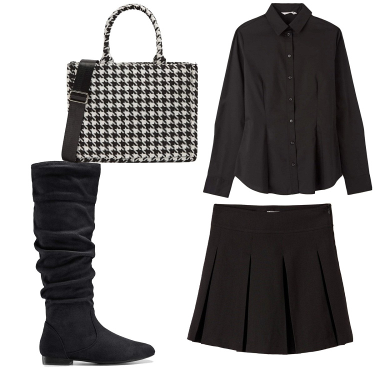 Outfit donna - Total look #1768494. Stile Trendy per Tutti i giorni. Abbinamento con stivali, camicie, gonne, shopping bag.