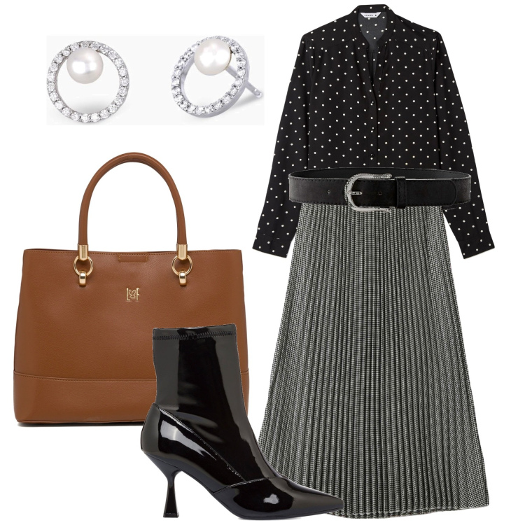 Outfit donna - Inverno bon ton. Stile Bon Ton per Ufficio. Abbinamento con cinture, gonne longuette, camicie, orecchini, borse a mano, stivaletti.