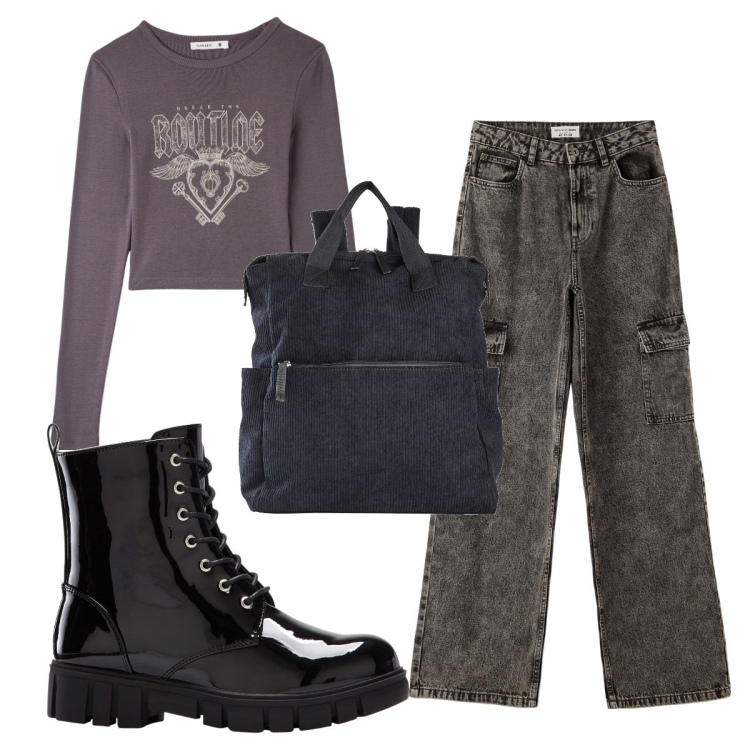 Outfit donna - Total look #1768503. Stile Basic per Scuola/Università. Abbinamento con zaini, stivaletti, t-shirt, jeans.