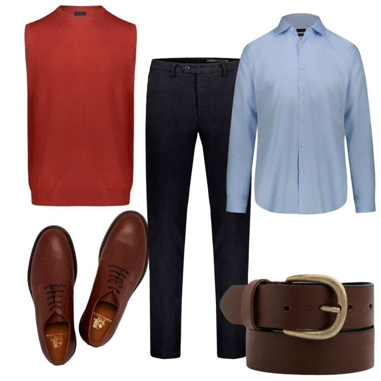Outfit uomo - Le stringate in ufficio. Stile Casual per Ufficio. Abbinamento con gilet, pantaloni, scarpe stringate, camicie, cinture.