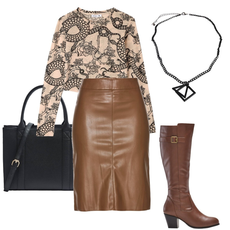 Outfit donna - La longuette in ecopelle. Stile Bon Ton per Ufficio. Abbinamento con gonne longuette, stivali, t-shirt, shopping bag, collane.