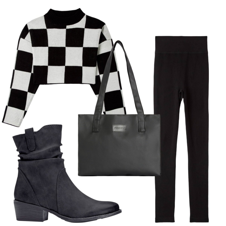 Outfit donna - Total look #1768549. Stile Trendy per Tutti i giorni. Abbinamento con stivaletti texani, leggings, maglieria, shopping bag.