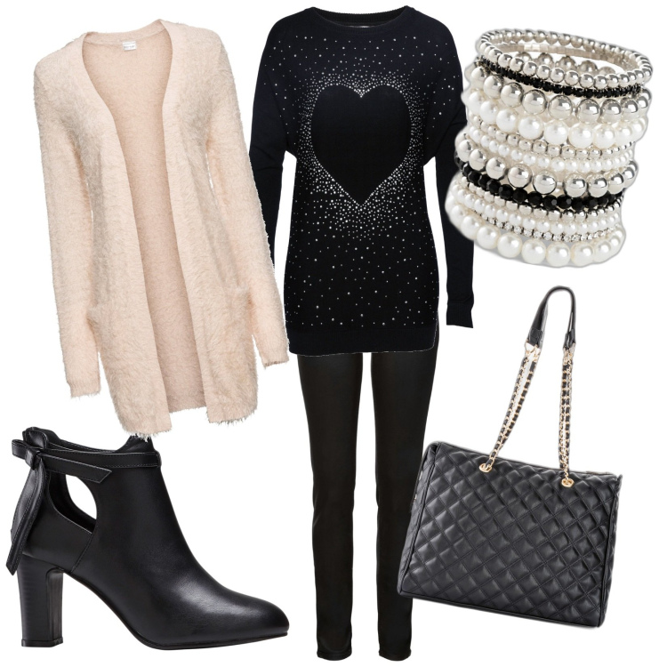 Outfit donna - Black e White. Stile Casual chic per Tutti i giorni. Abbinamento con pullovers, braccialetti, shopping bag, cardigans, stivaletti, pantaloni.