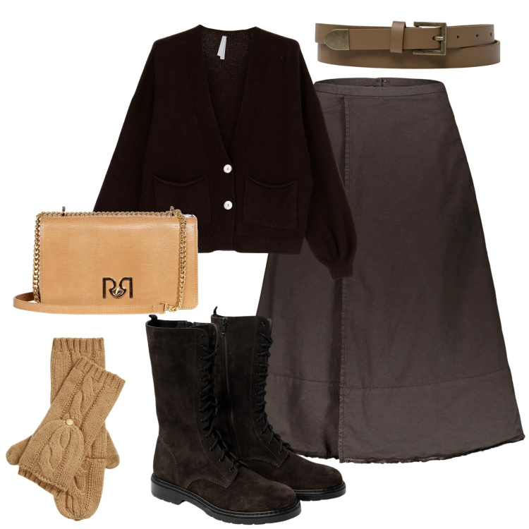 Outfit donna - Total look #1768574. Stile Casual chic per Tutti i giorni. Abbinamento con borse a tracolla, cardigans, guanti, cinture, gonne lunghe, stivaletti.