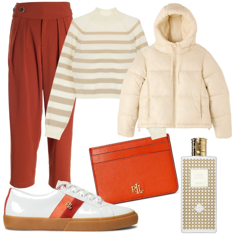 Outfit donna - Lumita look. Stile Casual per Tutti i giorni. Abbinamento con pullovers, profumi, piumini, pantaloni, sneakers, portafogli.