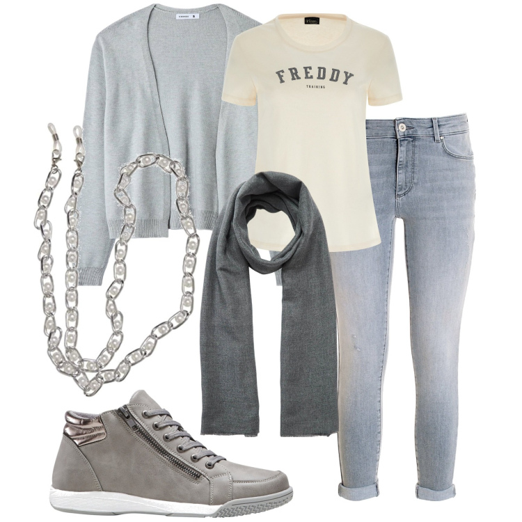 Outfit donna - Total look #1768604. Stile Basic per Tutti i giorni. Abbinamento con sneakers alte, cardigans, sciarpe, jeans, t-shirt, collane.