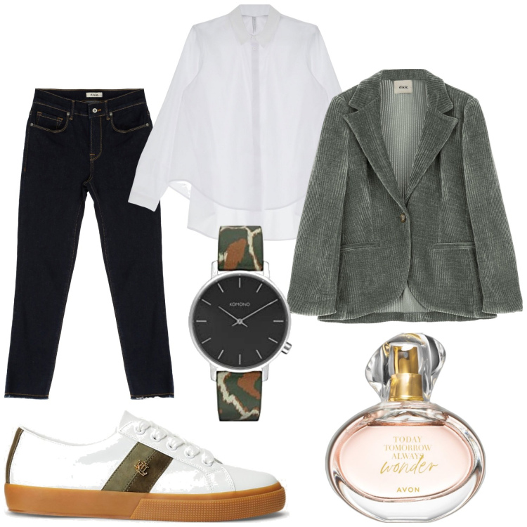 Outfit donna - Camicia bianca sempre con me. Stile Trendy per Tutti i giorni. Abbinamento con profumi, camicie, sneakers alte, cappotti, jeans slim fit, orologi analogici.