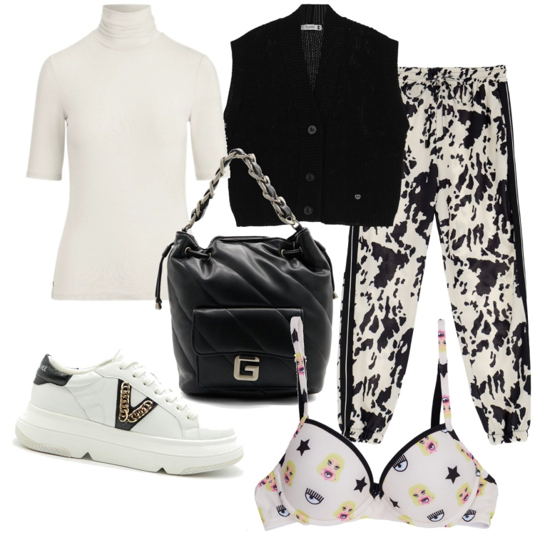 Outfit donna - Sportiva. Stile Casual per Tutti i giorni. Abbinamento con pantaloni cargo, gilet, maglieria, sneakers, bretelle, borse a spalla.