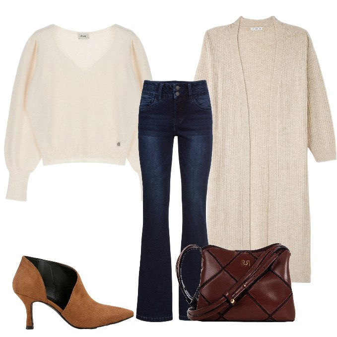 Outfit donna - Il cardigan lungo. Stile Casual per Tutti i giorni. Abbinamento con jeans bootcut, cardigans, borse a spalla, pullovers, stivaletti.