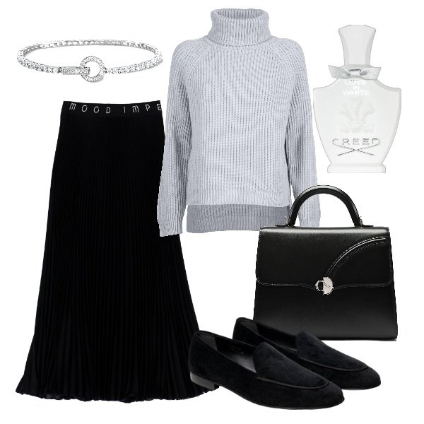 Outfit donna - Total look #1768637. Stile Bon Ton per Ufficio. Abbinamento con profumi, braccialetti, gonne lunghe, mocassini, maglieria, borse a mano.