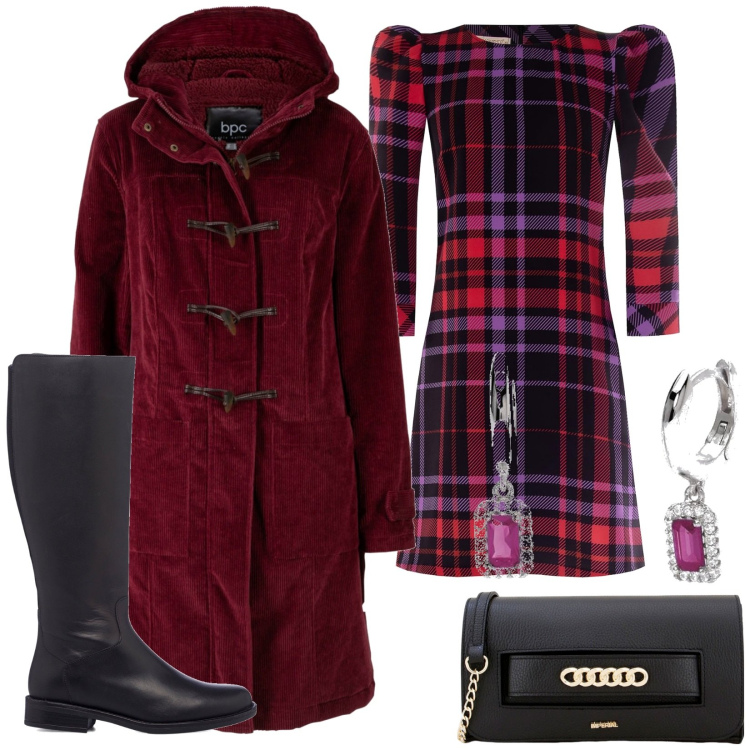Outfit donna - Il montgomery rosso. Stile Bon Ton per Tutti i giorni. Abbinamento con montgomery, orecchini, vestiti corti, pochette, stivali.