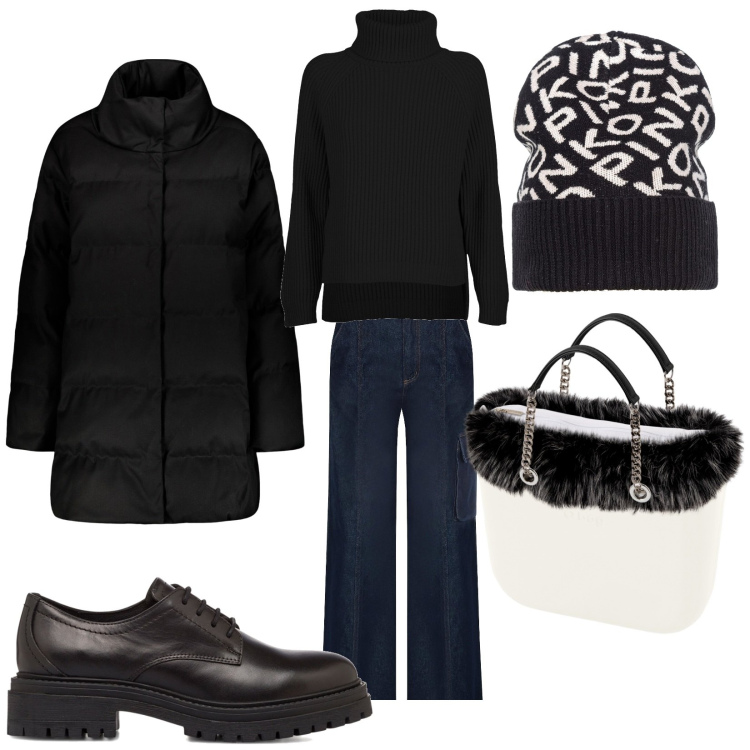 Outfit donna - Black and White. Stile Basic per Tutti i giorni. Abbinamento con berretti, pantaloni cargo, scarpe stringate, cappotti, maglieria, borse a spalla.