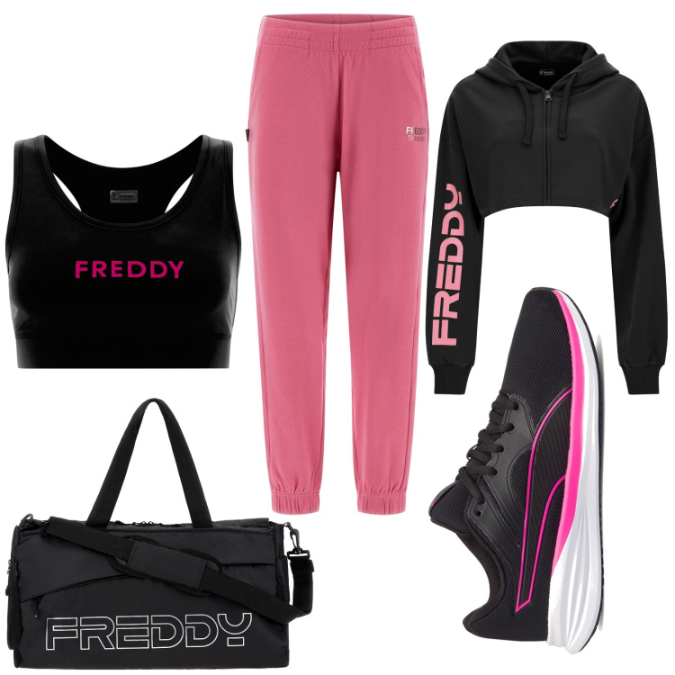 Outfit donna - In palestra. Stile Sporty chic per Sport. Abbinamento con borse sportive, pantaloni sportivi, felpe con cappuccio, reggiseni, scarpe sportive.